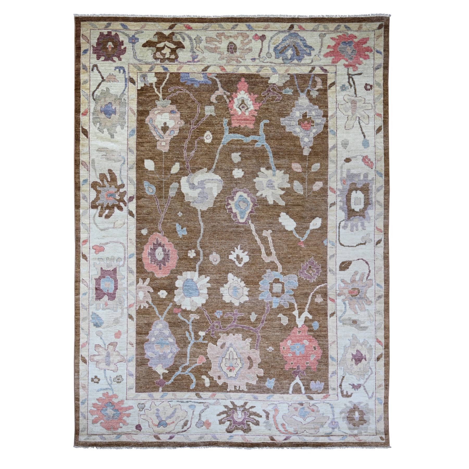 Chocolate Brown, 100% Wool, Afghan Angora Oushak with Colorful Leaf Design, Hand Knotted, Vegetable Dyes, Oriental Rug